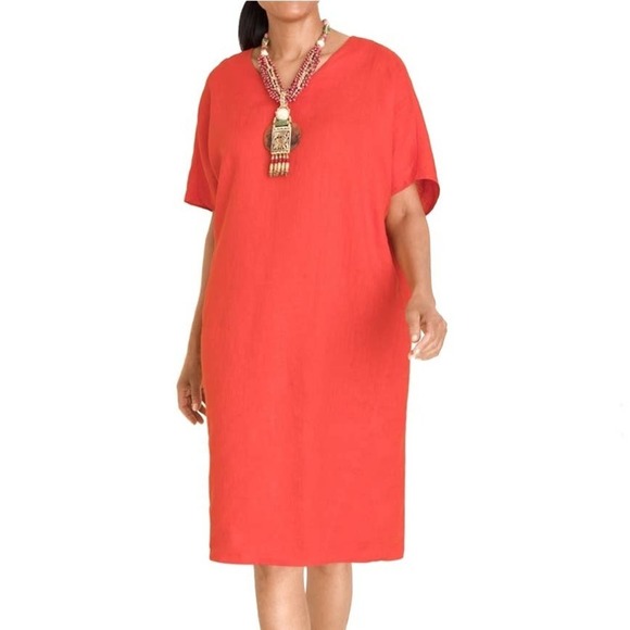 Chico's Linen Tunic Dress 1 8-10 Bright Orange V-Neck - Picture 7 of 9